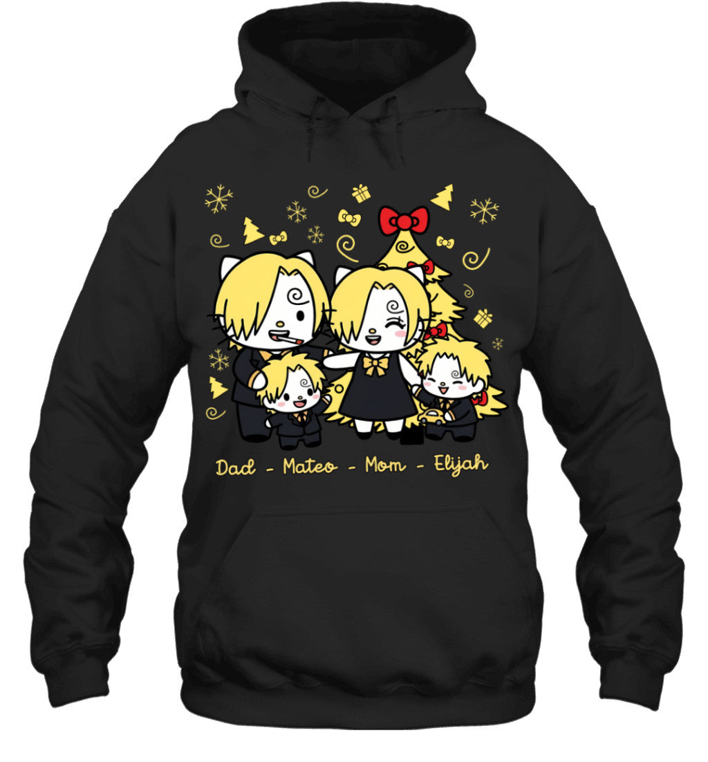 Hello Kitty x Vinsmoke Sanji Parents & Sons Custom Name Christmas T-Shirt for Family