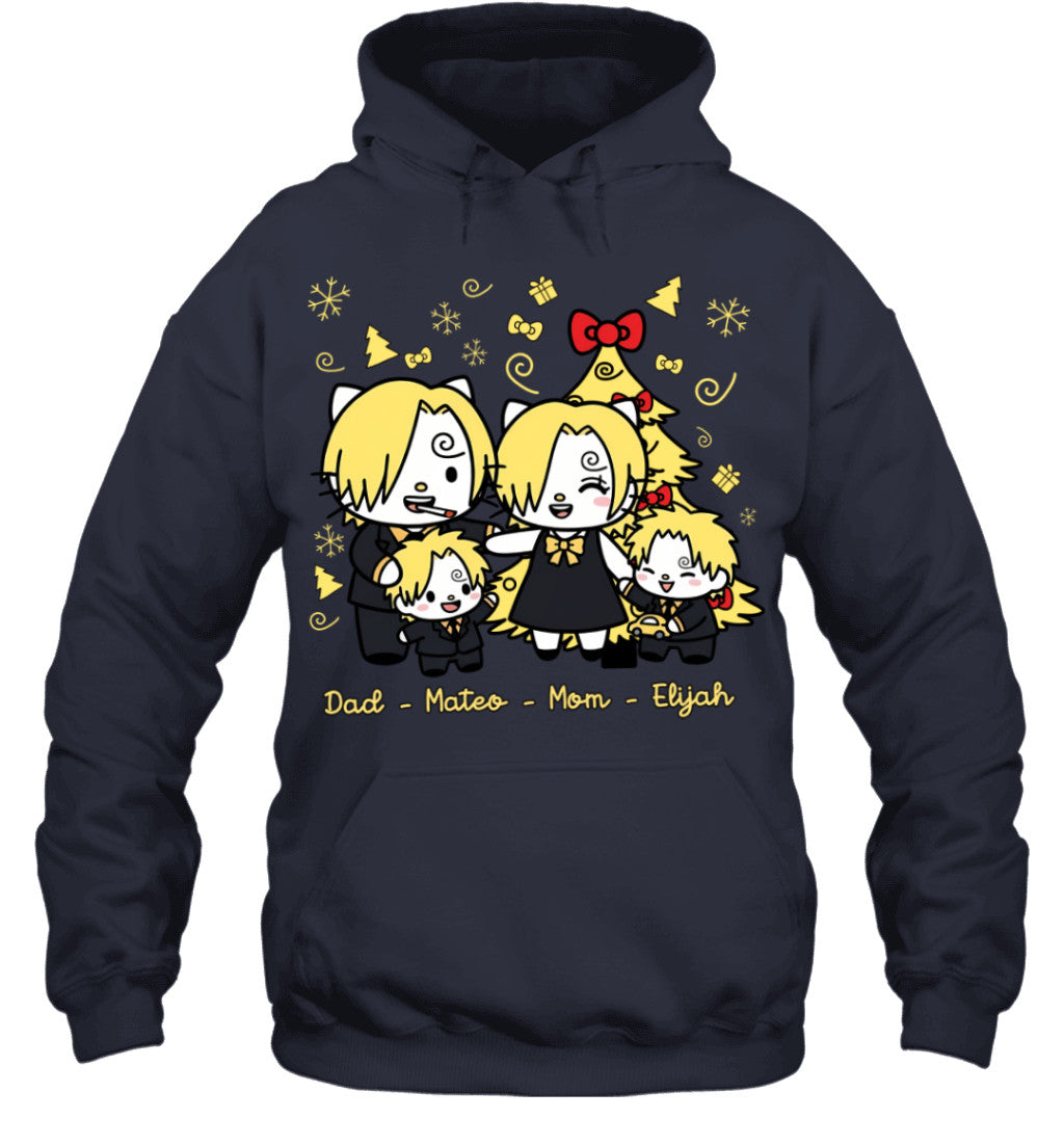 Hello Kitty x Vinsmoke Sanji Parents & Sons Custom Name Christmas T-Shirt for Family