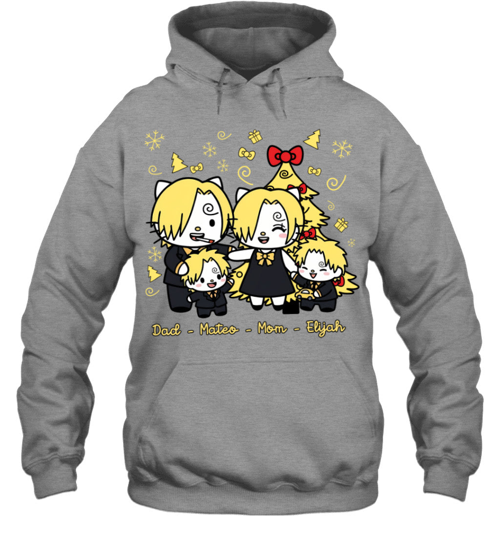 Hello Kitty x Vinsmoke Sanji Parents & Sons Custom Name Christmas T-Shirt for Family