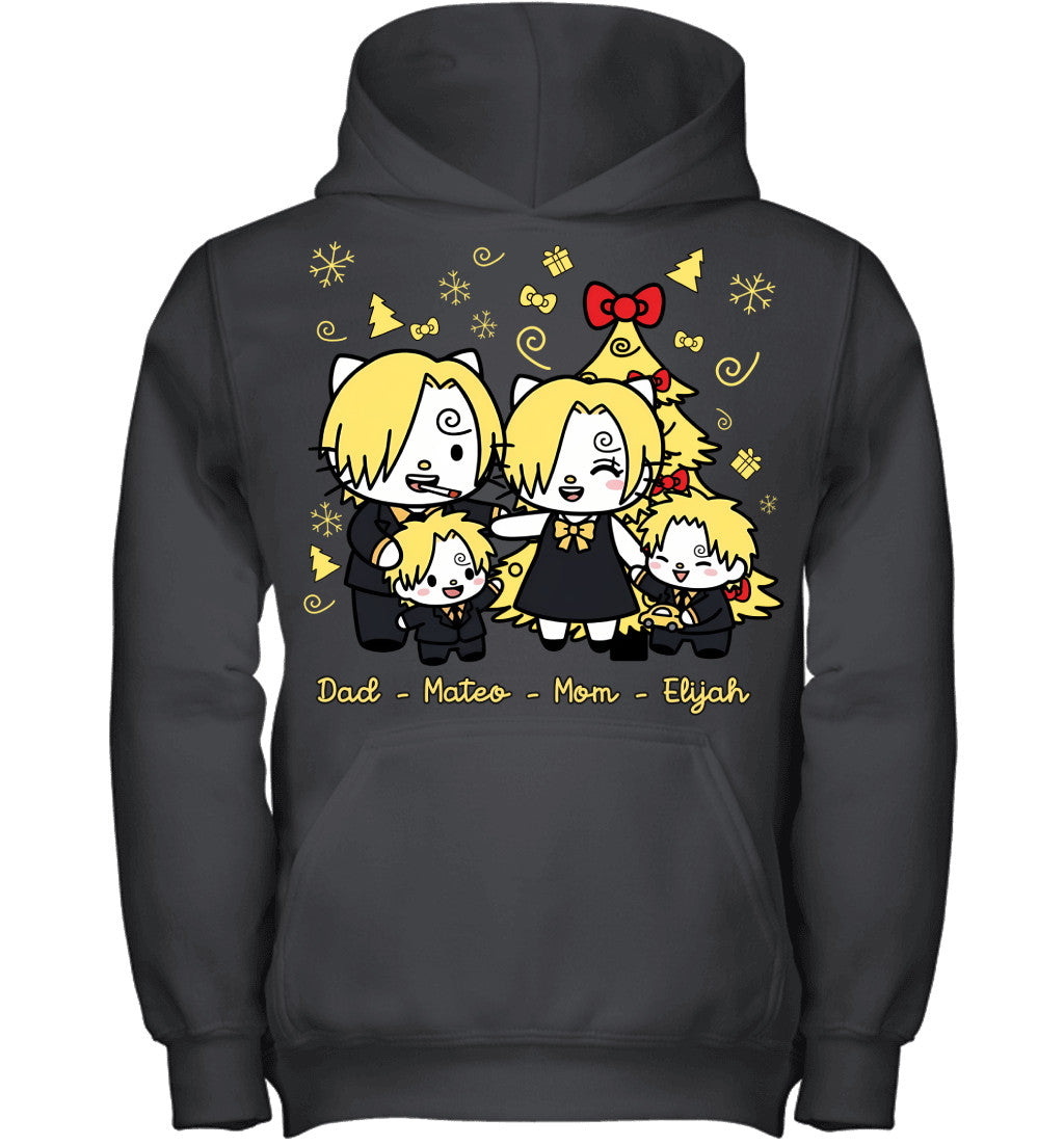 Hello Kitty x Vinsmoke Sanji Parents & Sons Custom Name Christmas T-Shirt for Family