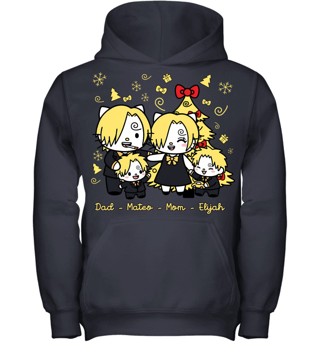 Hello Kitty x Vinsmoke Sanji Parents & Sons Custom Name Christmas T-Shirt for Family