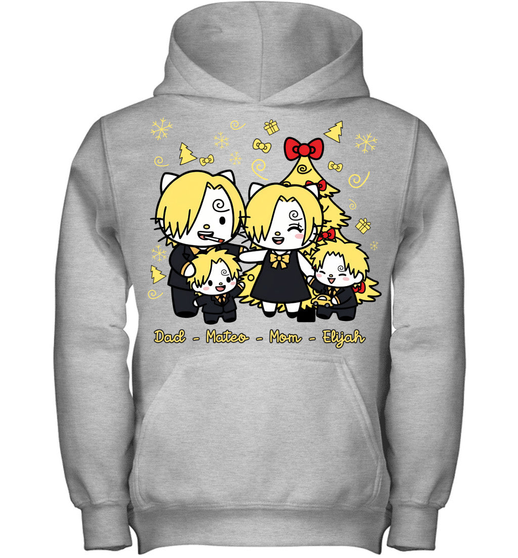 Hello Kitty x Vinsmoke Sanji Parents & Sons Custom Name Christmas T-Shirt for Family