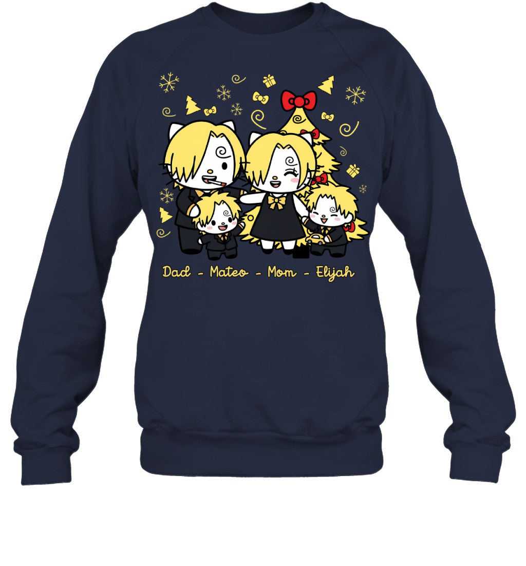 Hello Kitty x Vinsmoke Sanji Parents & Sons Custom Name Christmas T-Shirt for Family