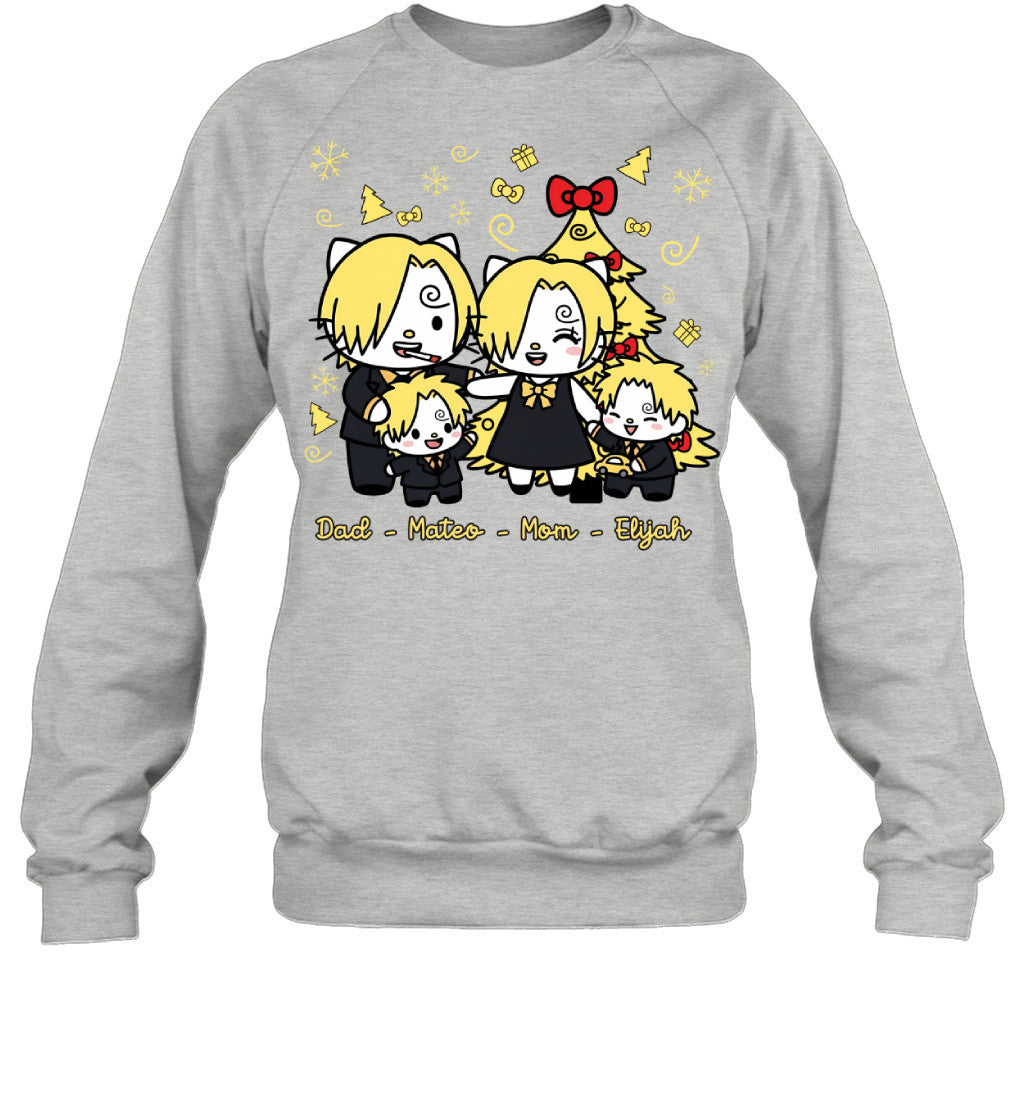 Hello Kitty x Vinsmoke Sanji Parents & Sons Custom Name Christmas T-Shirt for Family