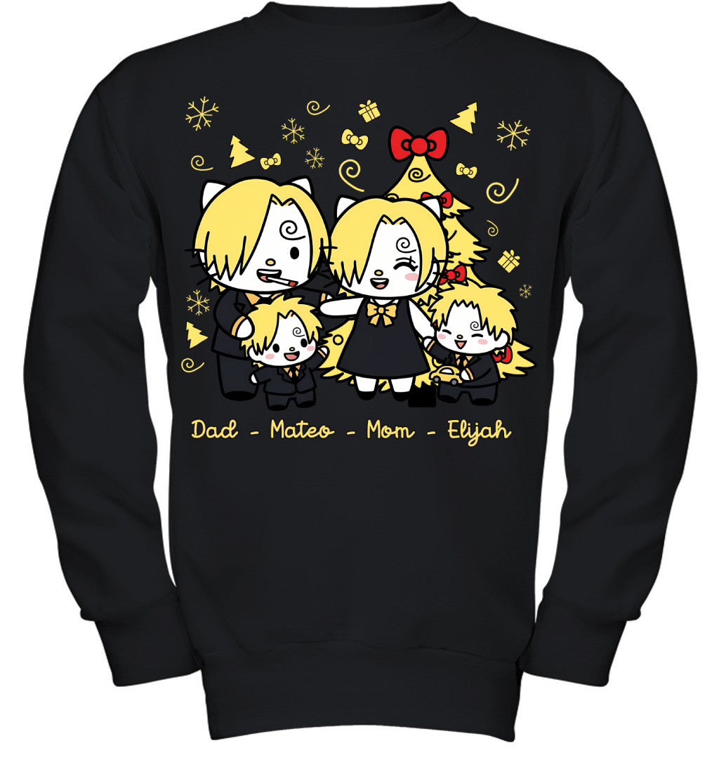 Hello Kitty x Vinsmoke Sanji Parents & Sons Custom Name Christmas T-Shirt for Family