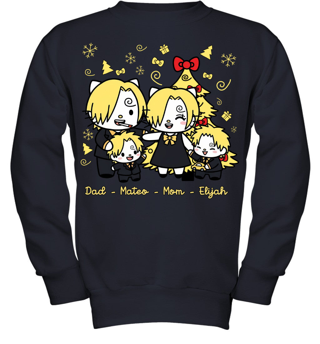 Hello Kitty x Vinsmoke Sanji Parents & Sons Custom Name Christmas T-Shirt for Family