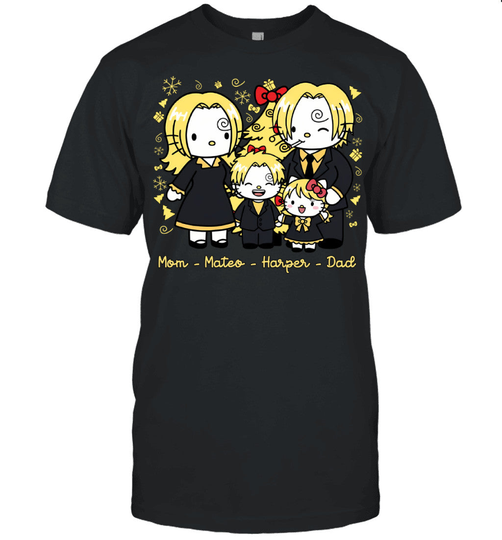 Hello Kitty x Vinsmoke Sanji Parents & Kids Custom Name Christmas T-Shirt for Family