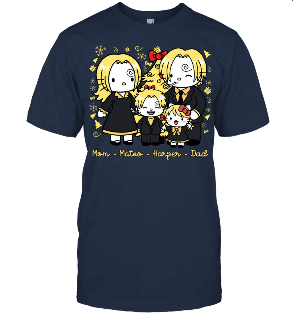 Hello Kitty x Vinsmoke Sanji Parents & Kids Custom Name Christmas T-Shirt for Family
