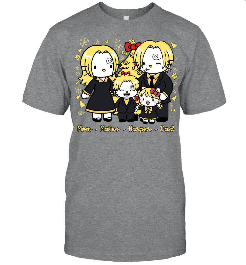 Hello Kitty x Vinsmoke Sanji Parents & Kids Custom Name Christmas T-Shirt for Family