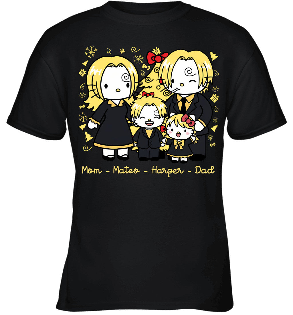 Hello Kitty x Vinsmoke Sanji Parents & Kids Custom Name Christmas T-Shirt for Family