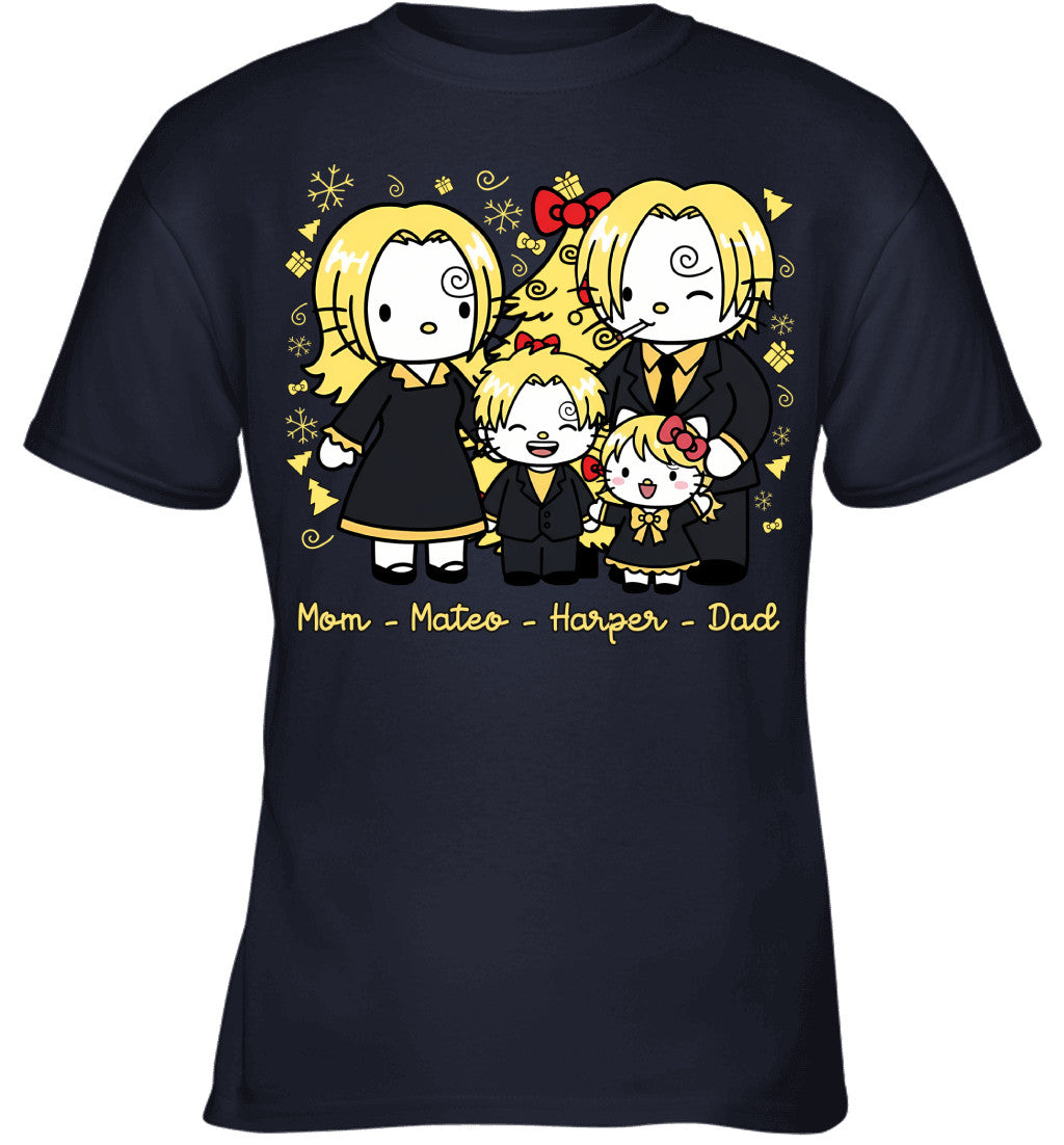 Hello Kitty x Vinsmoke Sanji Parents & Kids Custom Name Christmas T-Shirt for Family