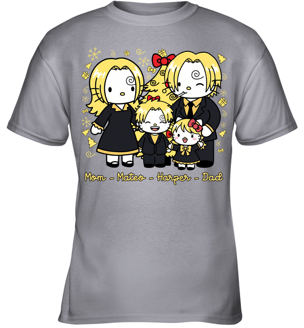 Hello Kitty x Vinsmoke Sanji Parents & Kids Custom Name Christmas T-Shirt for Family