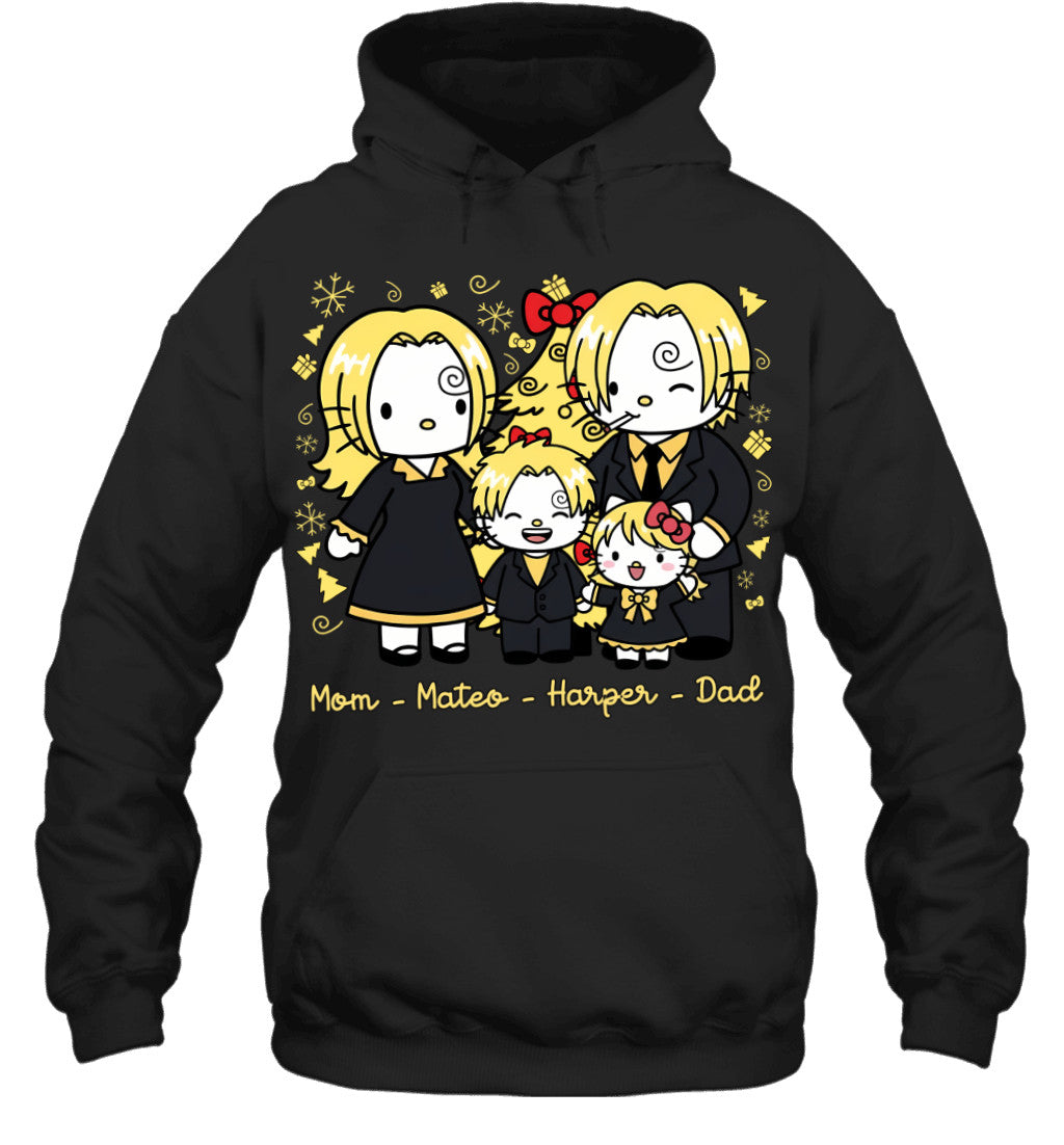 Hello Kitty x Vinsmoke Sanji Parents & Kids Custom Name Christmas T-Shirt for Family