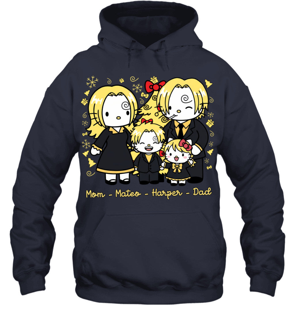 Hello Kitty x Vinsmoke Sanji Parents & Kids Custom Name Christmas T-Shirt for Family