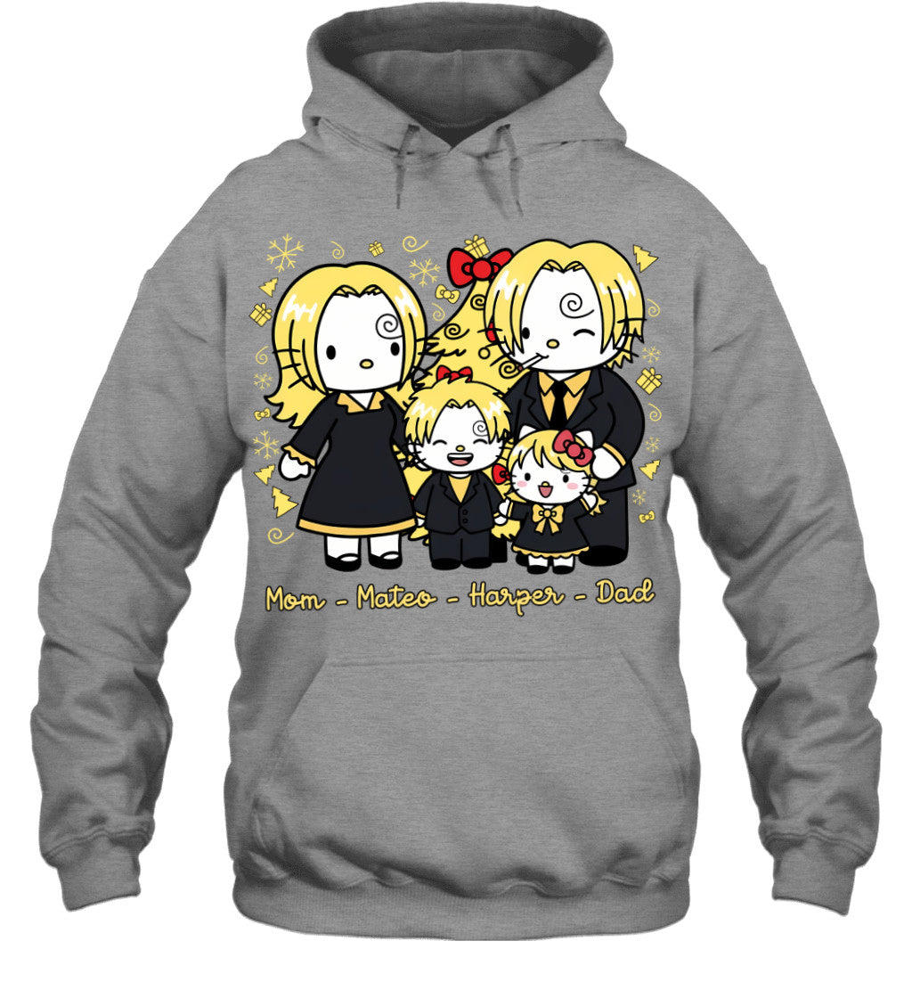 Hello Kitty x Vinsmoke Sanji Parents & Kids Custom Name Christmas T-Shirt for Family
