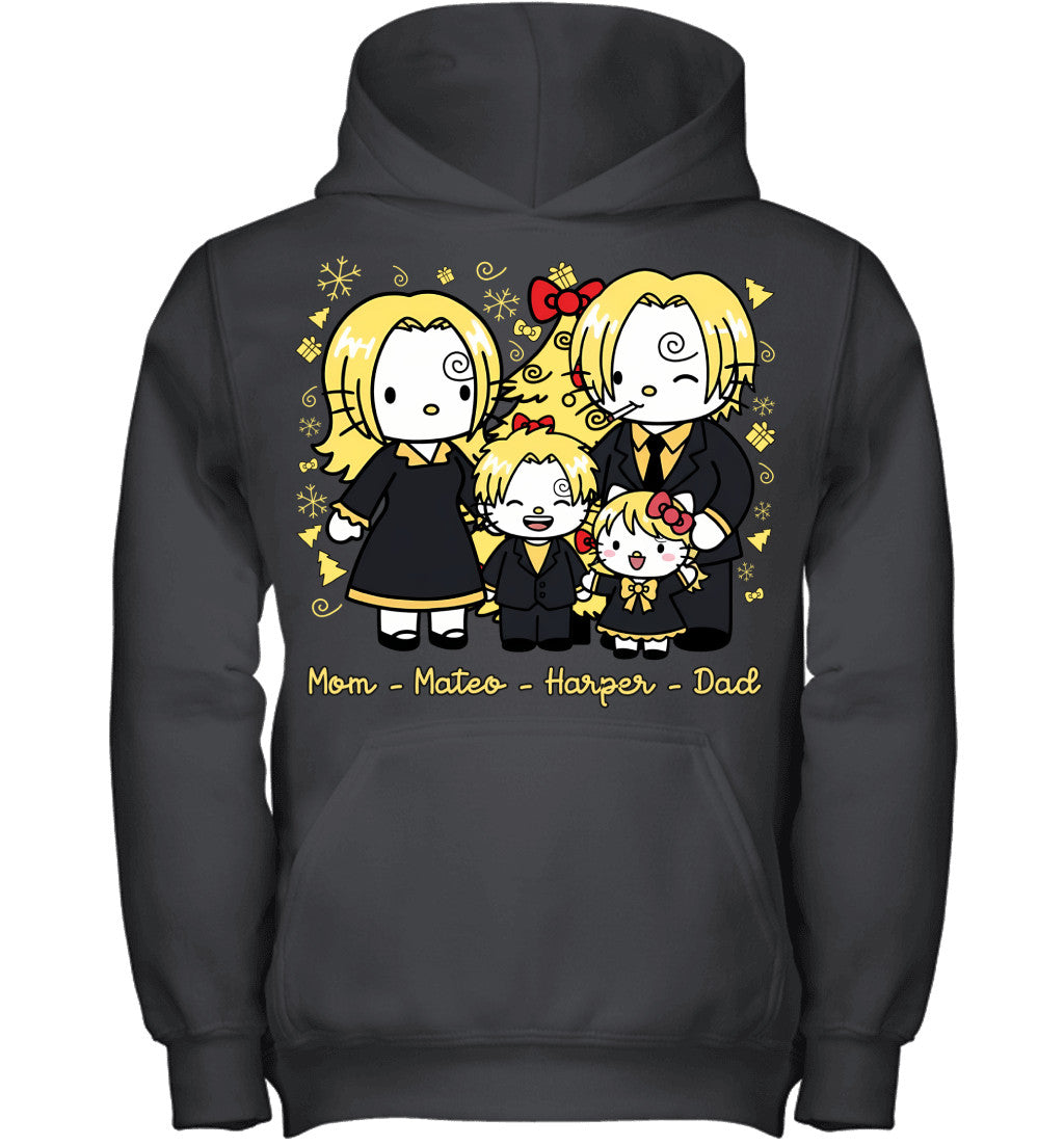 Hello Kitty x Vinsmoke Sanji Parents & Kids Custom Name Christmas T-Shirt for Family