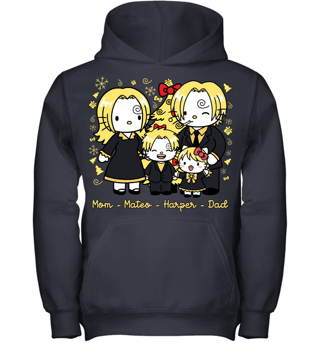 Hello Kitty x Vinsmoke Sanji Parents & Kids Custom Name Christmas T-Shirt for Family
