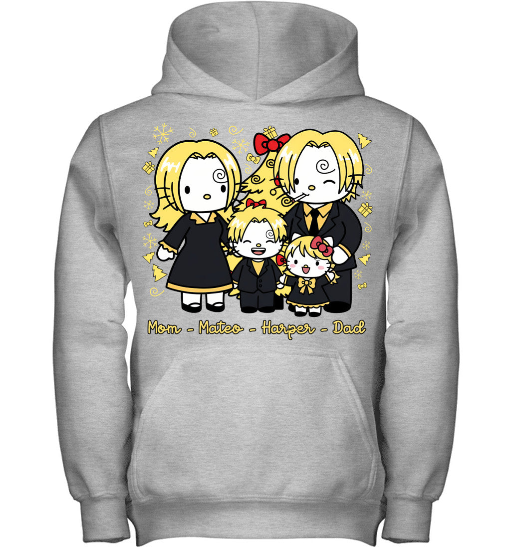 Hello Kitty x Vinsmoke Sanji Parents & Kids Custom Name Christmas T-Shirt for Family