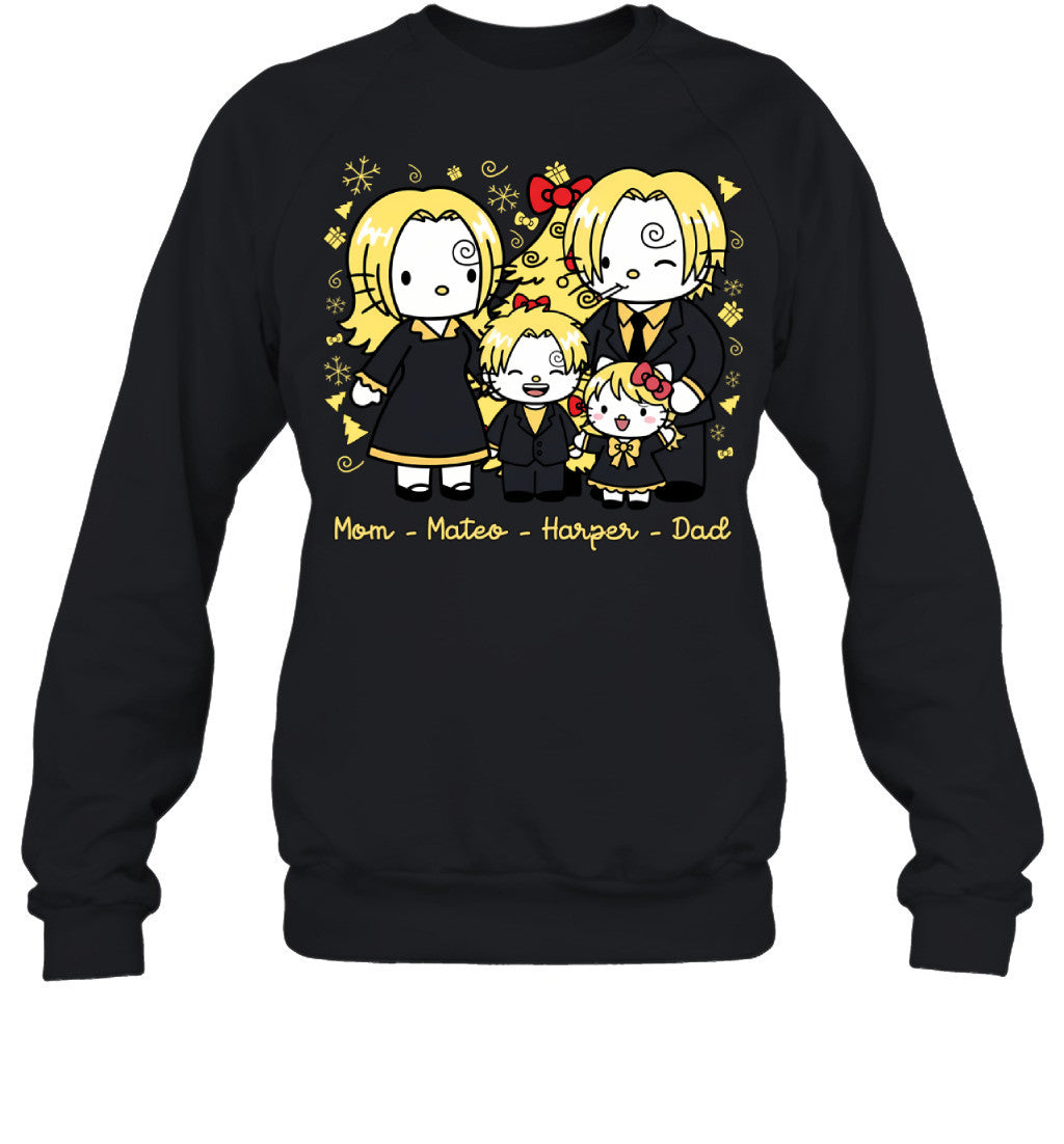 Hello Kitty x Vinsmoke Sanji Parents & Kids Custom Name Christmas T-Shirt for Family