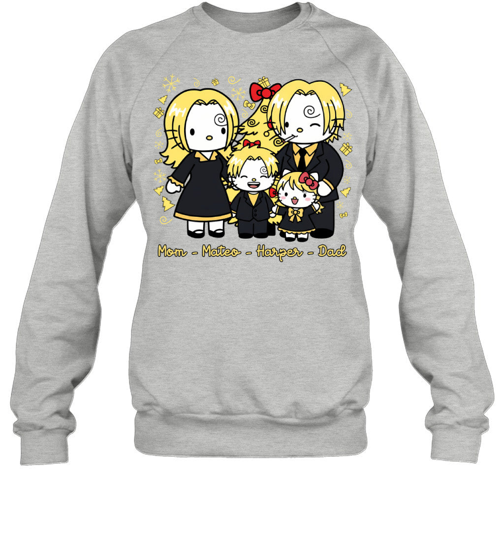 Hello Kitty x Vinsmoke Sanji Parents & Kids Custom Name Christmas T-Shirt for Family