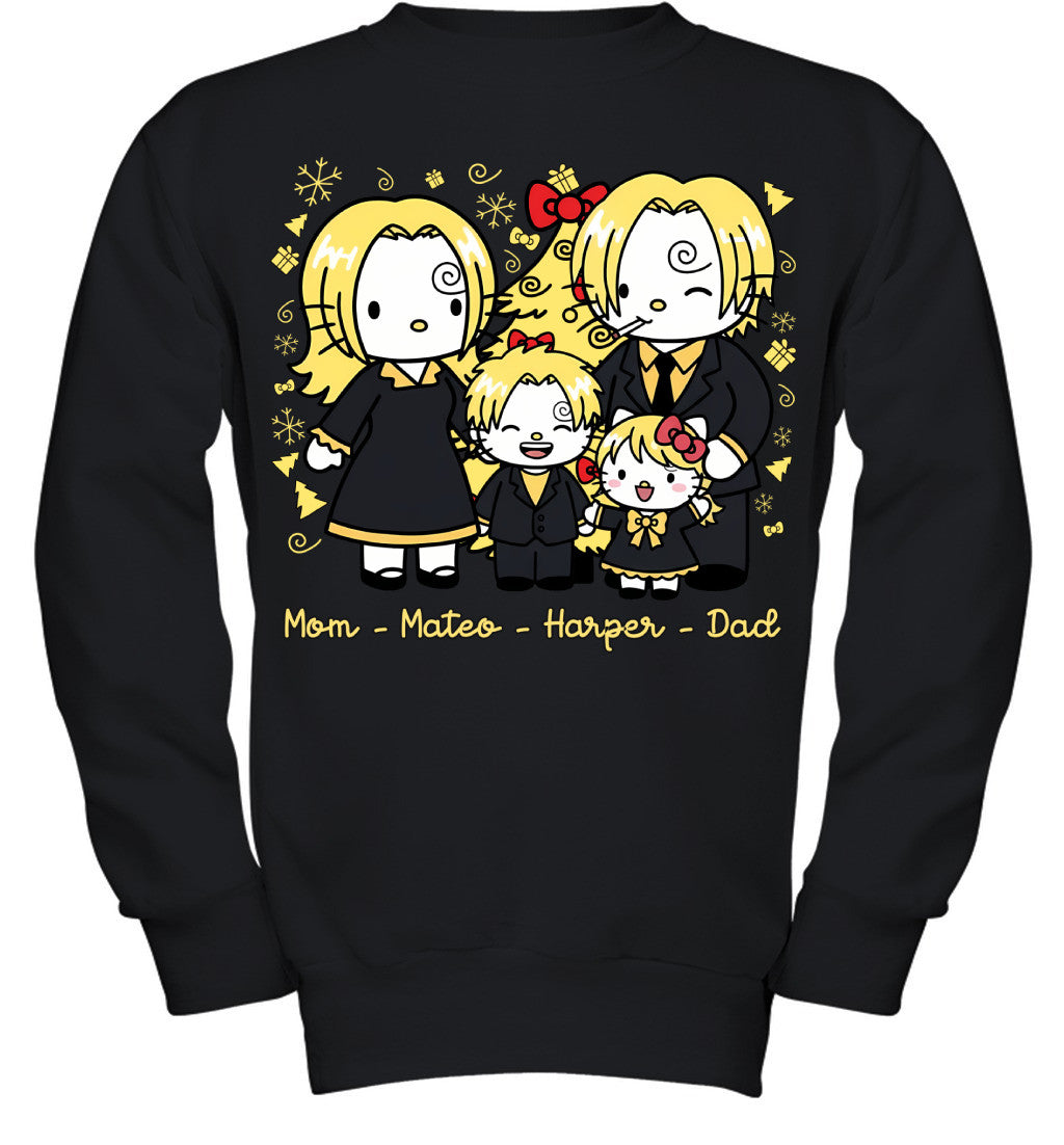 Hello Kitty x Vinsmoke Sanji Parents & Kids Custom Name Christmas T-Shirt for Family