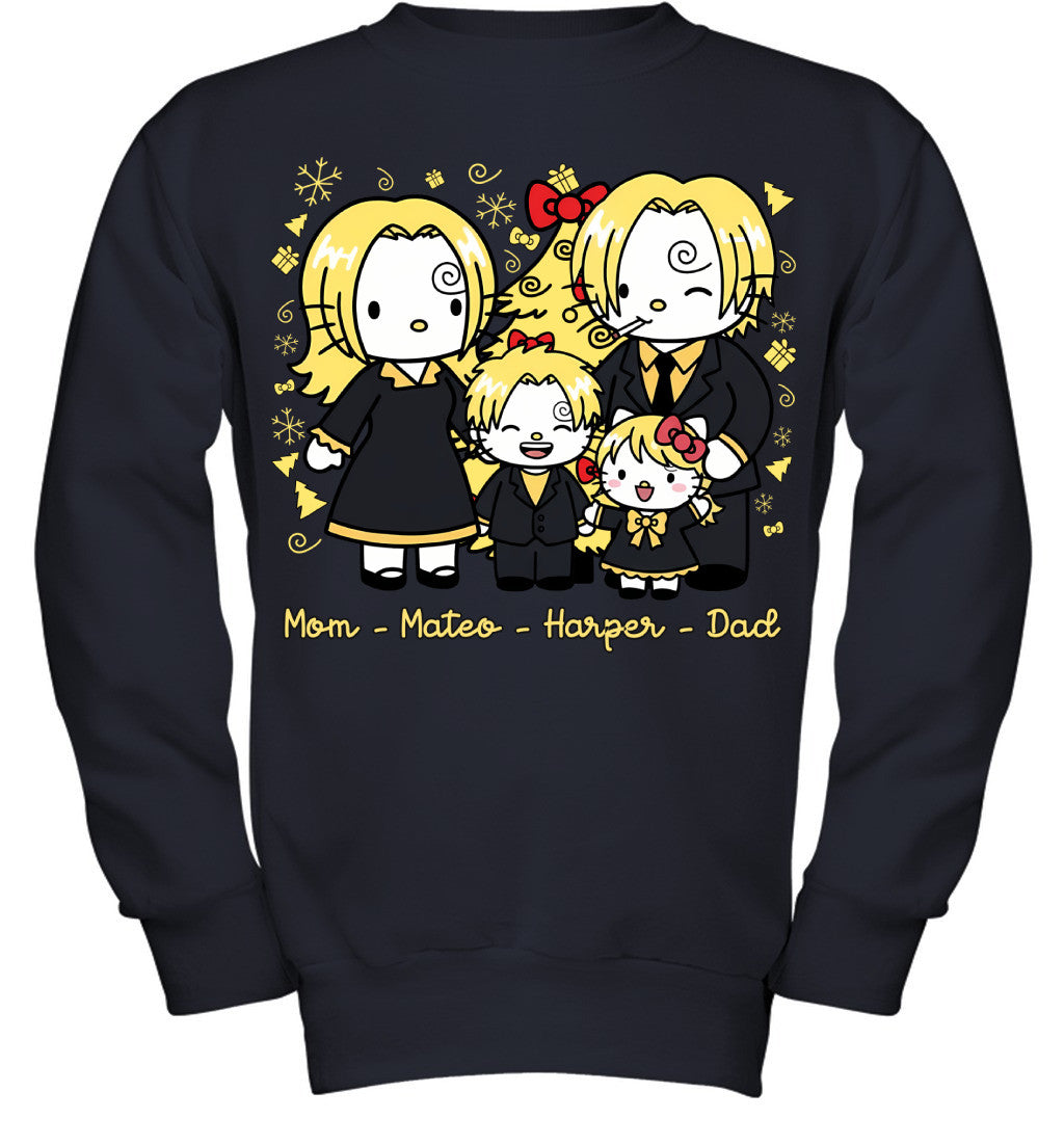 Hello Kitty x Vinsmoke Sanji Parents & Kids Custom Name Christmas T-Shirt for Family