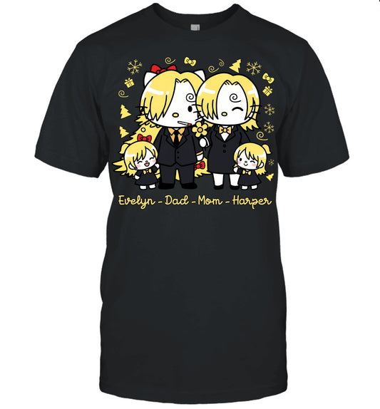 Hello Kitty x Vinsmoke Sanji Parents & Daughters Custom Name Christmas T-Shirt for Family