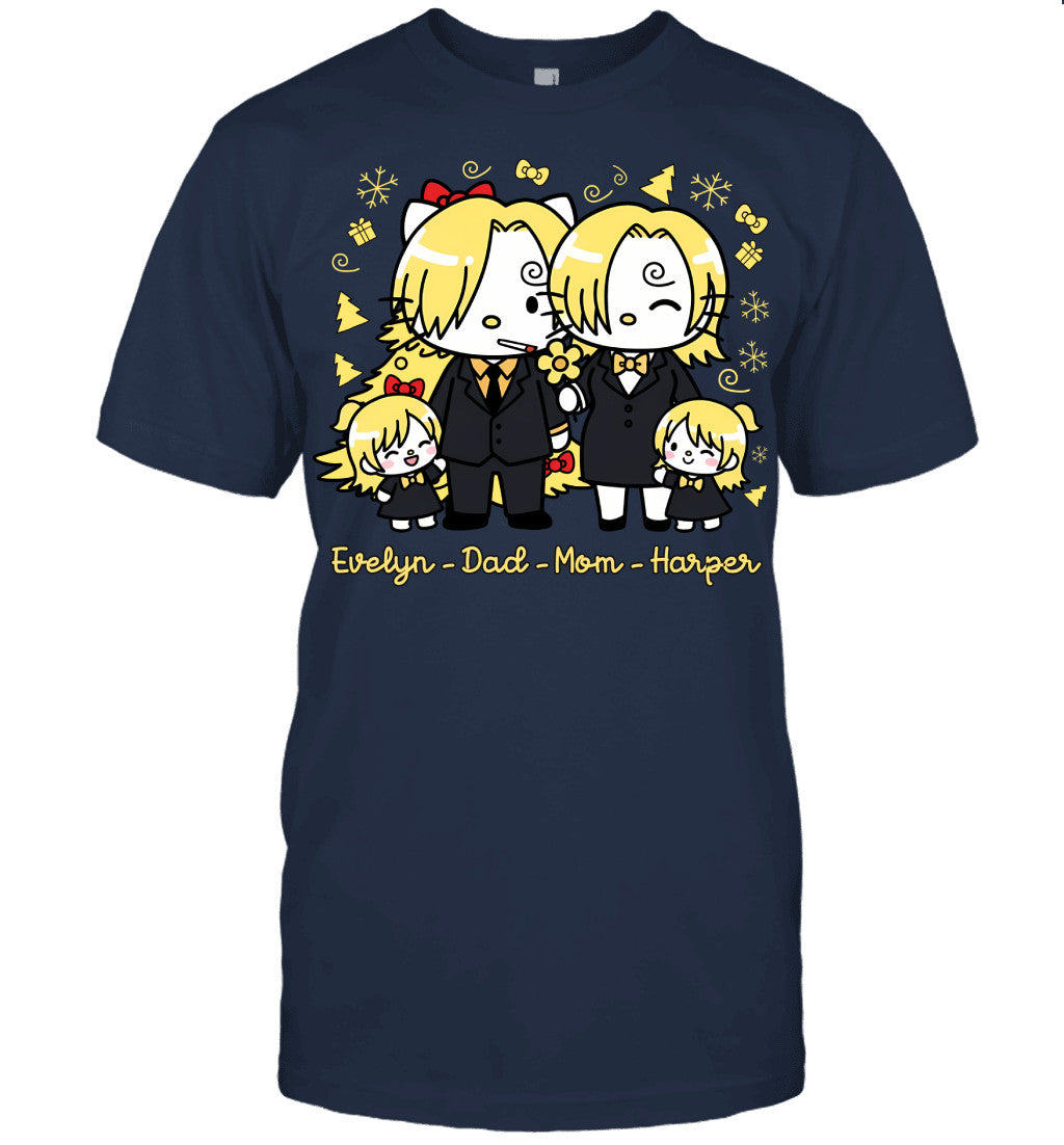 Hello Kitty x Vinsmoke Sanji Parents & Daughters Custom Name Christmas T-Shirt for Family