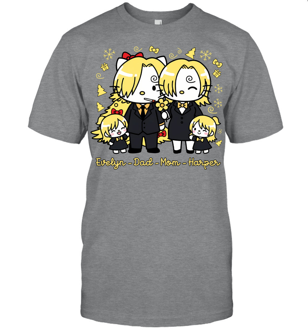 Hello Kitty x Vinsmoke Sanji Parents & Daughters Custom Name Christmas T-Shirt for Family