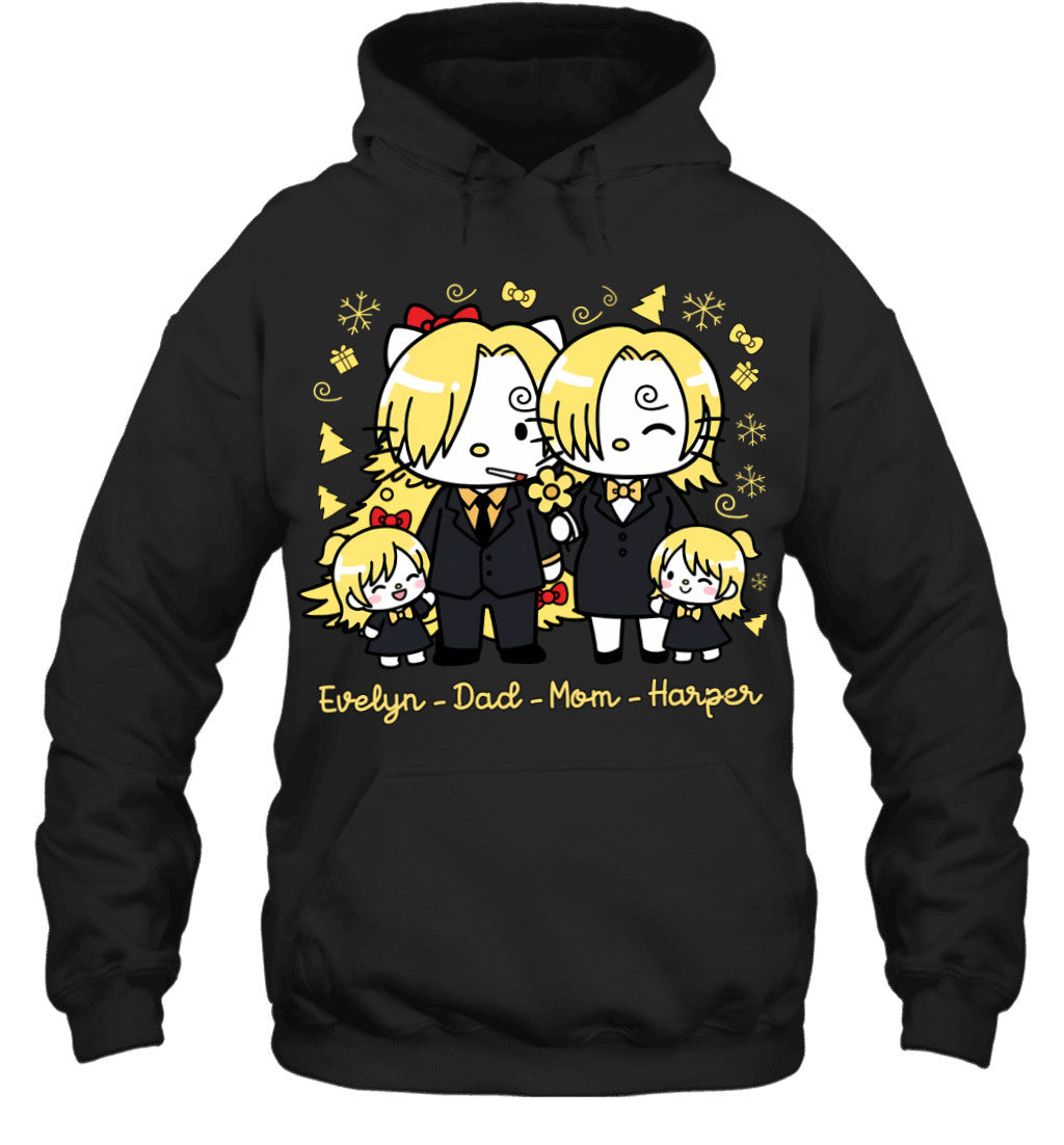 Hello Kitty x Vinsmoke Sanji Parents & Daughters Custom Name Christmas T-Shirt for Family