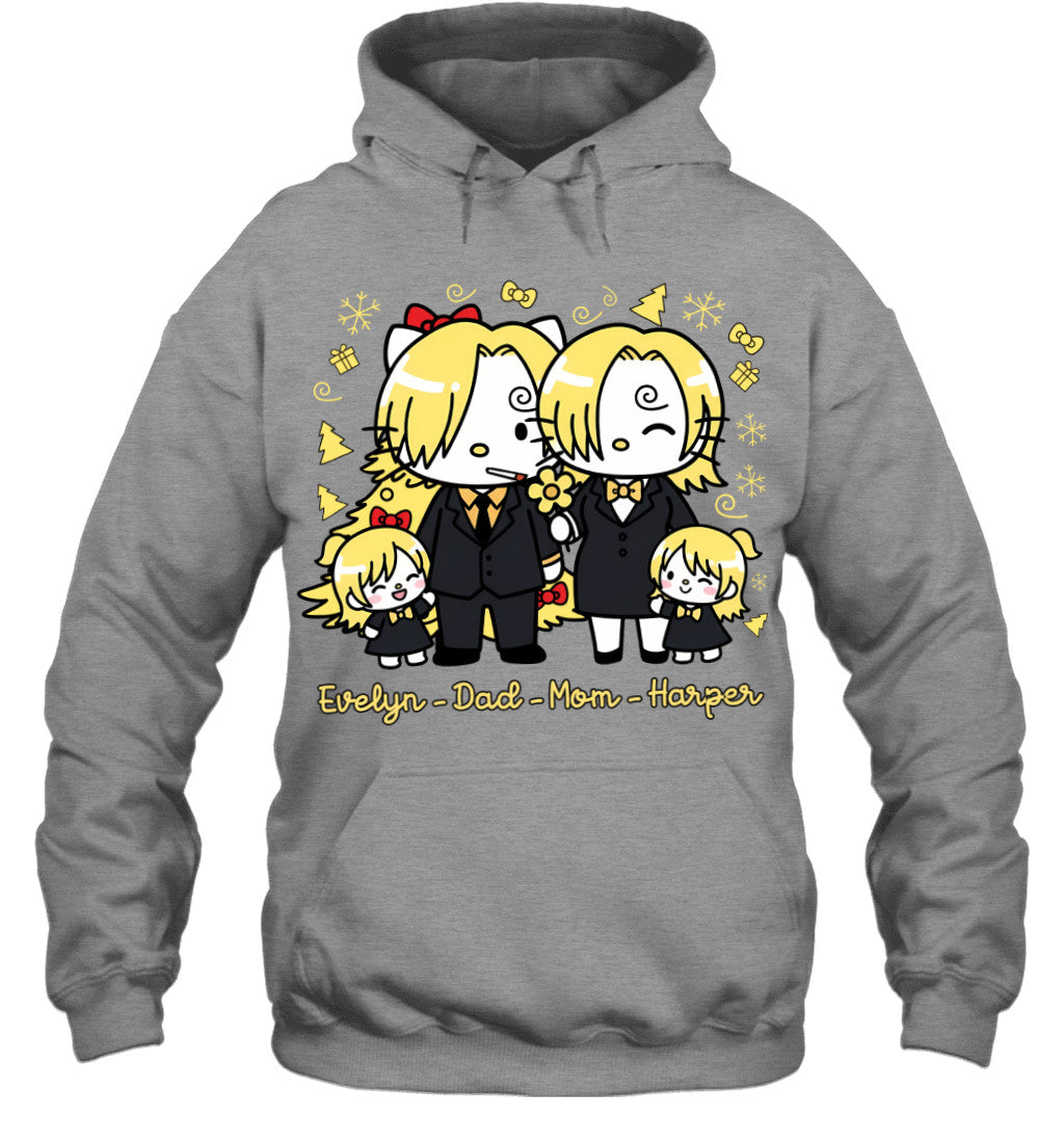 Hello Kitty x Vinsmoke Sanji Parents & Daughters Custom Name Christmas T-Shirt for Family