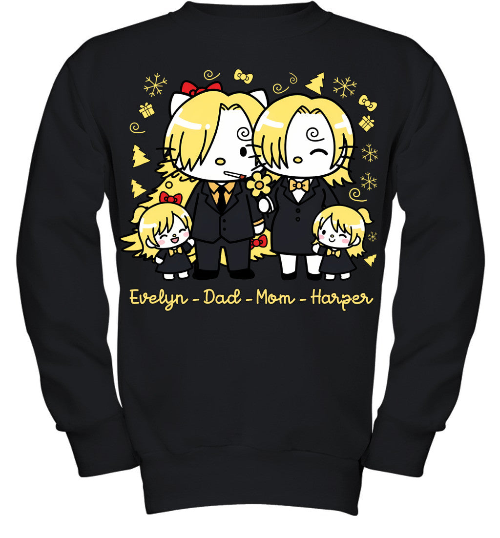 Hello Kitty x Vinsmoke Sanji Parents & Daughters Custom Name Christmas T-Shirt for Family