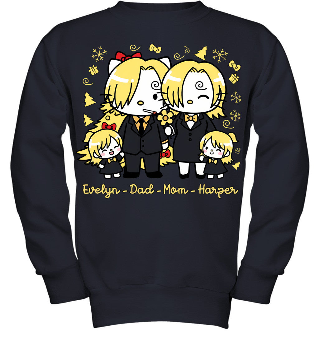 Hello Kitty x Vinsmoke Sanji Parents & Daughters Custom Name Christmas T-Shirt for Family