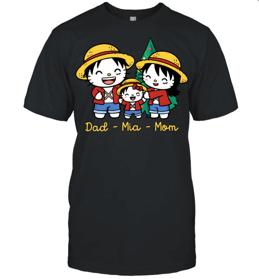 Hello Kitty x Luffy Parents & Daughter Custom Name Christmas T-Shirt for Family