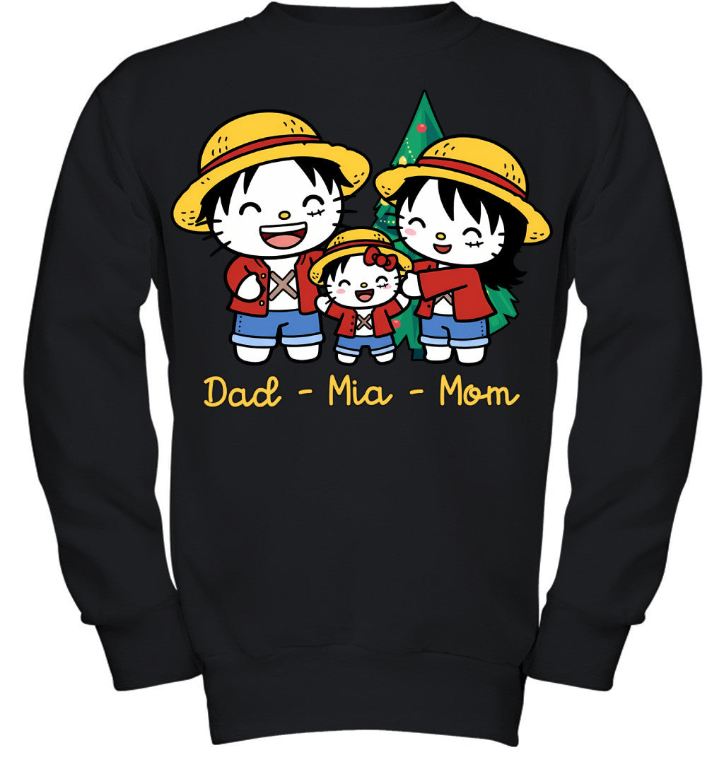 Hello Kitty x Luffy Parents & Daughter Custom Name Christmas T-Shirt for Family