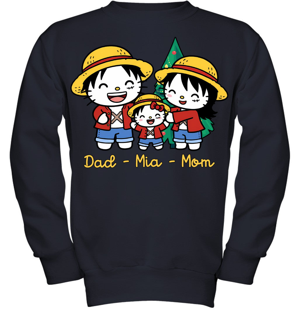 Hello Kitty x Luffy Parents & Daughter Custom Name Christmas T-Shirt for Family
