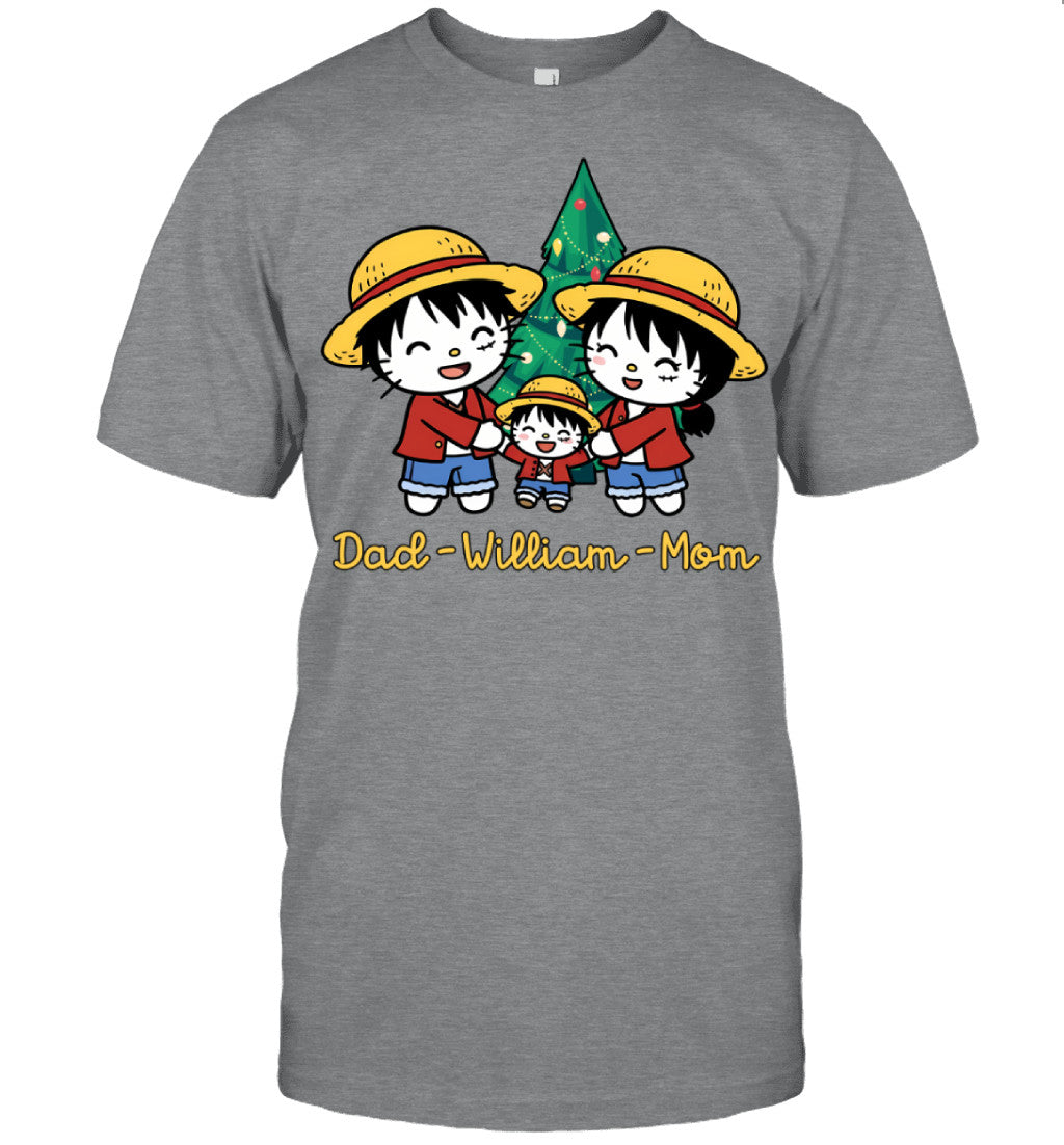 Hello Kitty x Luffy Parents & Son Custom Name Christmas T-Shirt for Family