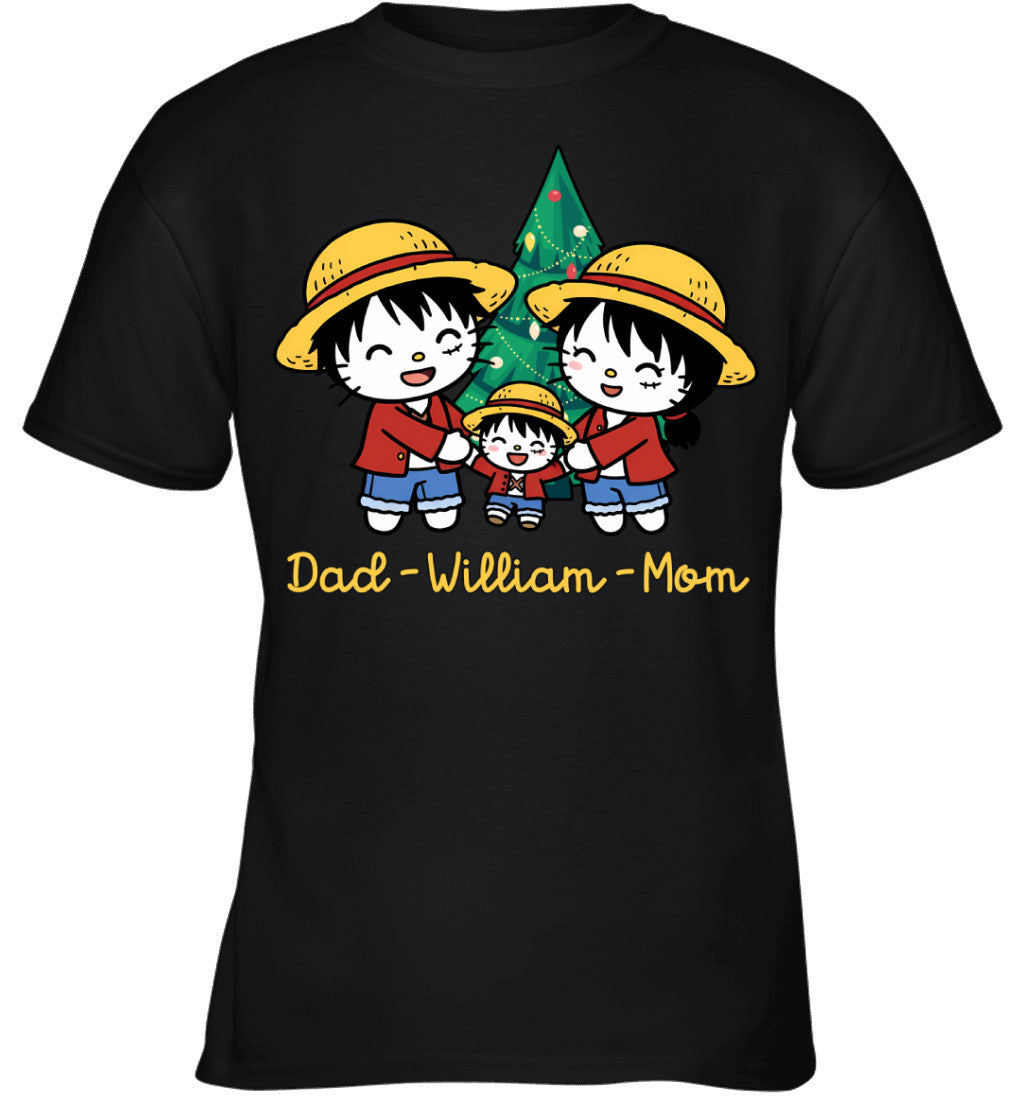Hello Kitty x Luffy Parents & Son Custom Name Christmas T-Shirt for Family
