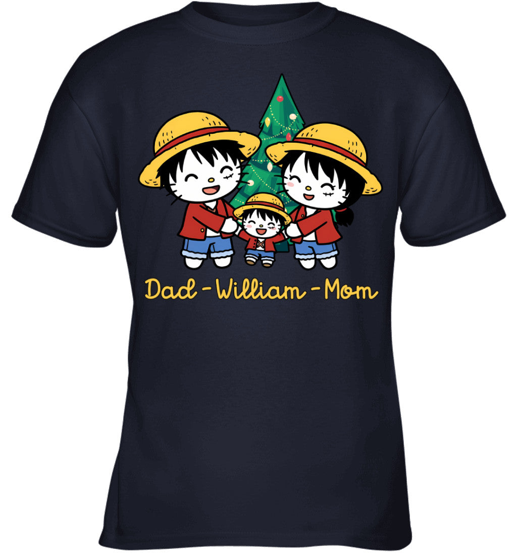 Hello Kitty x Luffy Parents & Son Custom Name Christmas T-Shirt for Family
