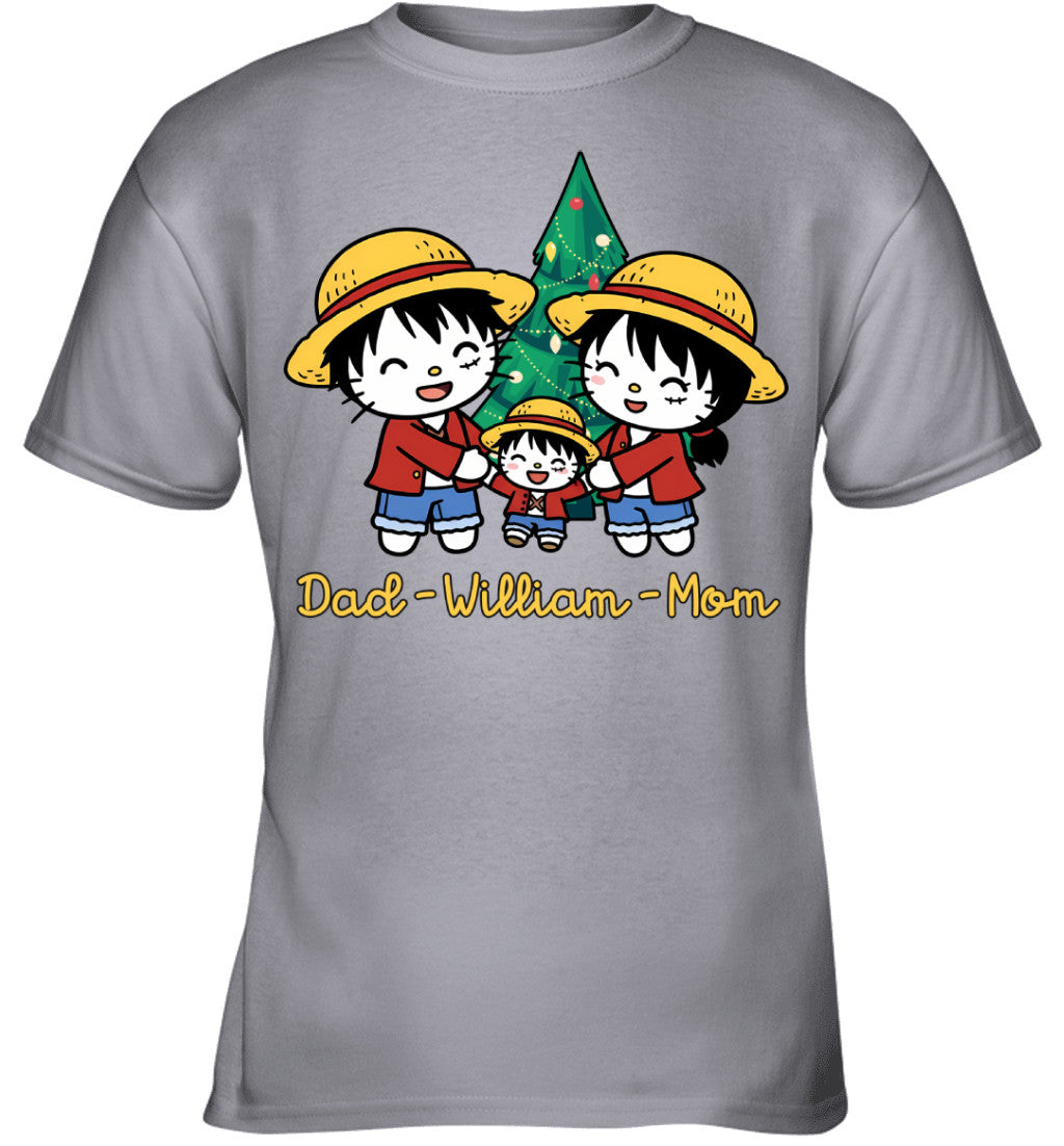 Hello Kitty x Luffy Parents & Son Custom Name Christmas T-Shirt for Family