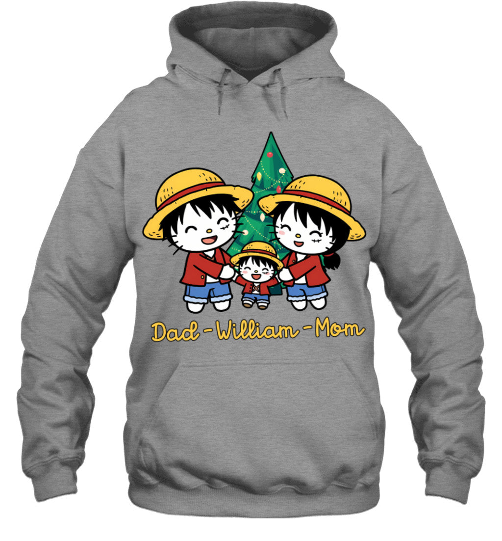 Hello Kitty x Luffy Parents & Son Custom Name Christmas T-Shirt for Family