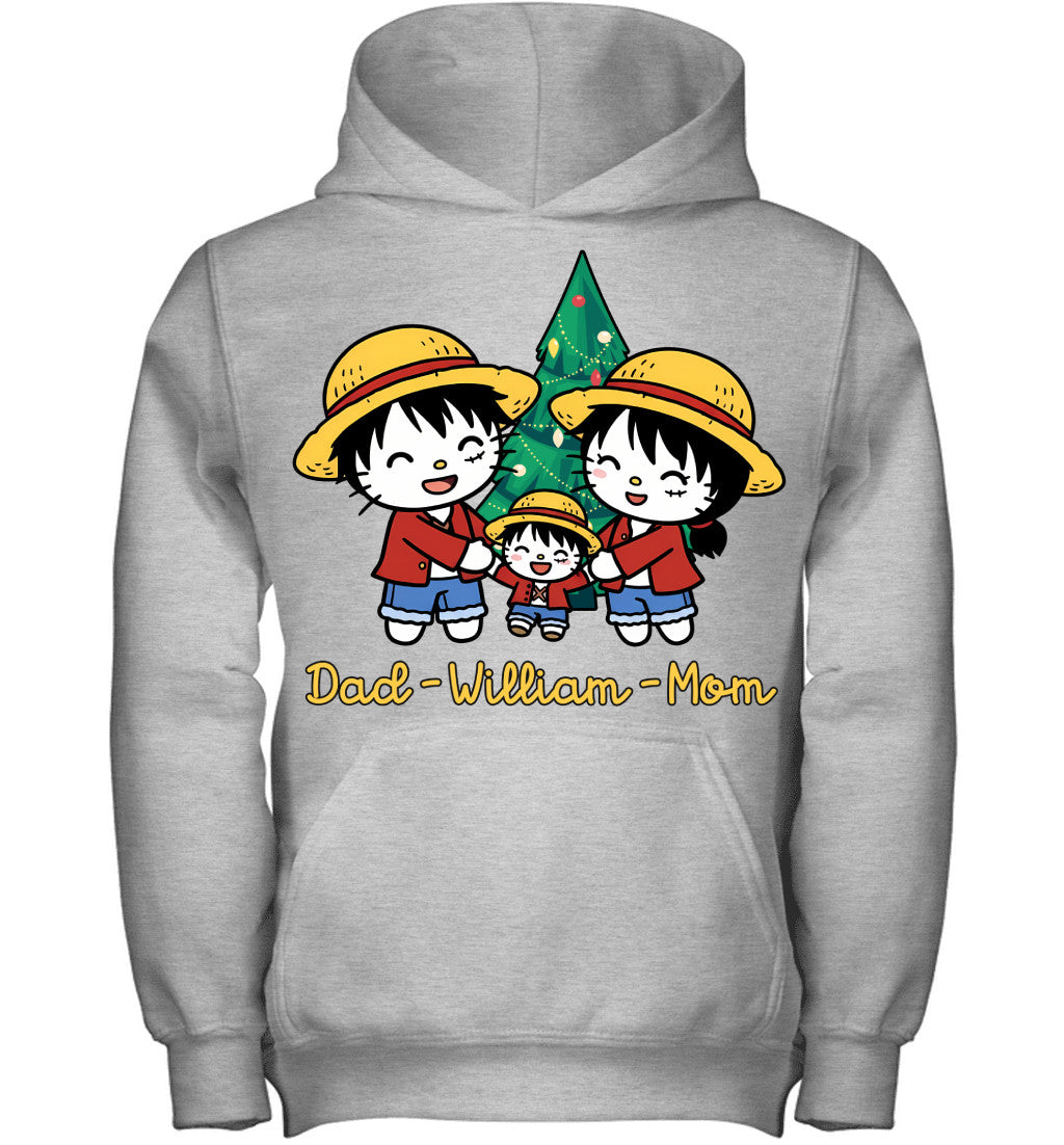 Hello Kitty x Luffy Parents & Son Custom Name Christmas T-Shirt for Family