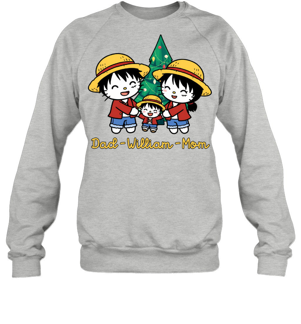 Hello Kitty x Luffy Parents & Son Custom Name Christmas T-Shirt for Family
