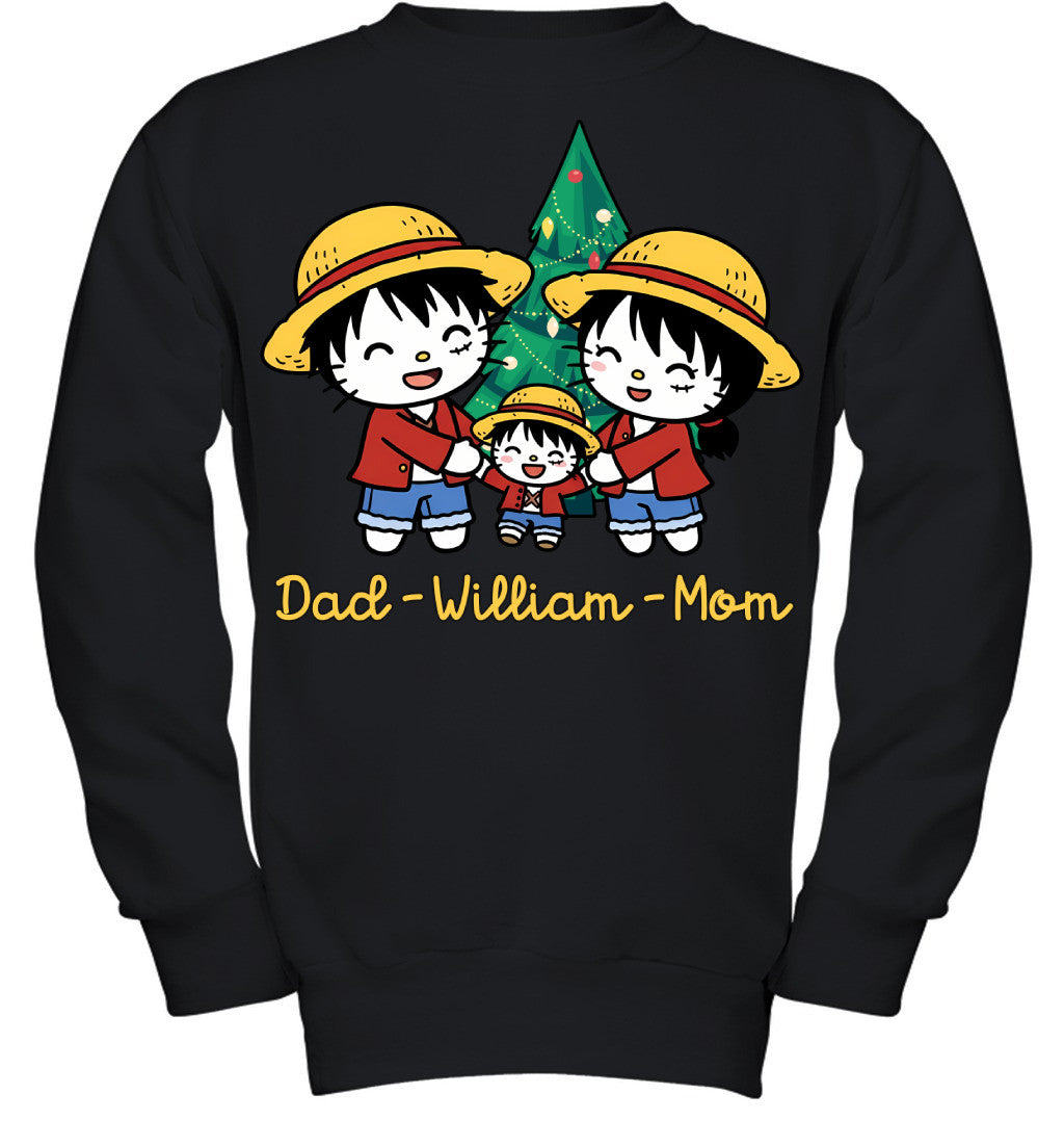 Hello Kitty x Luffy Parents & Son Custom Name Christmas T-Shirt for Family