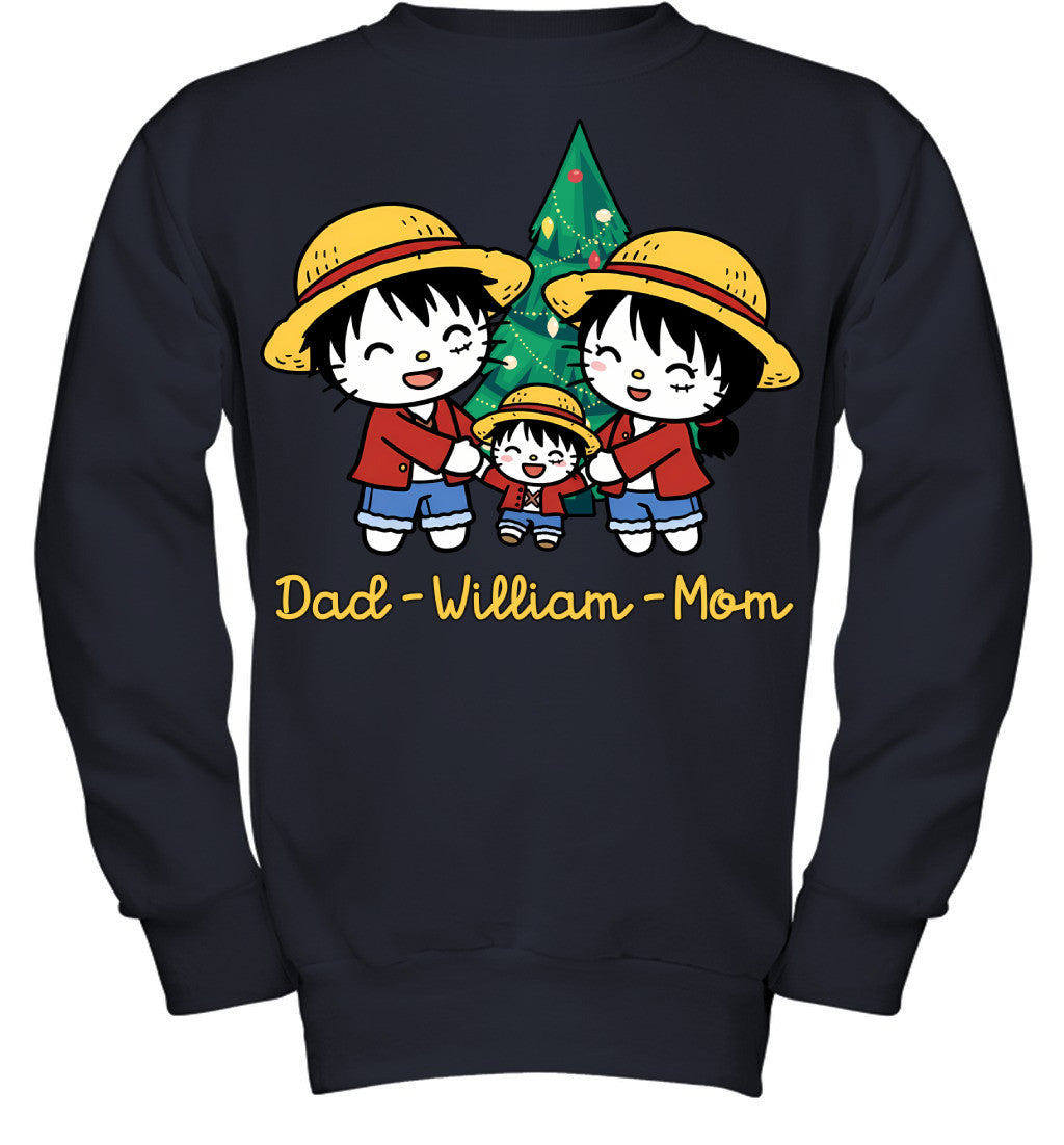 Hello Kitty x Luffy Parents & Son Custom Name Christmas T-Shirt for Family