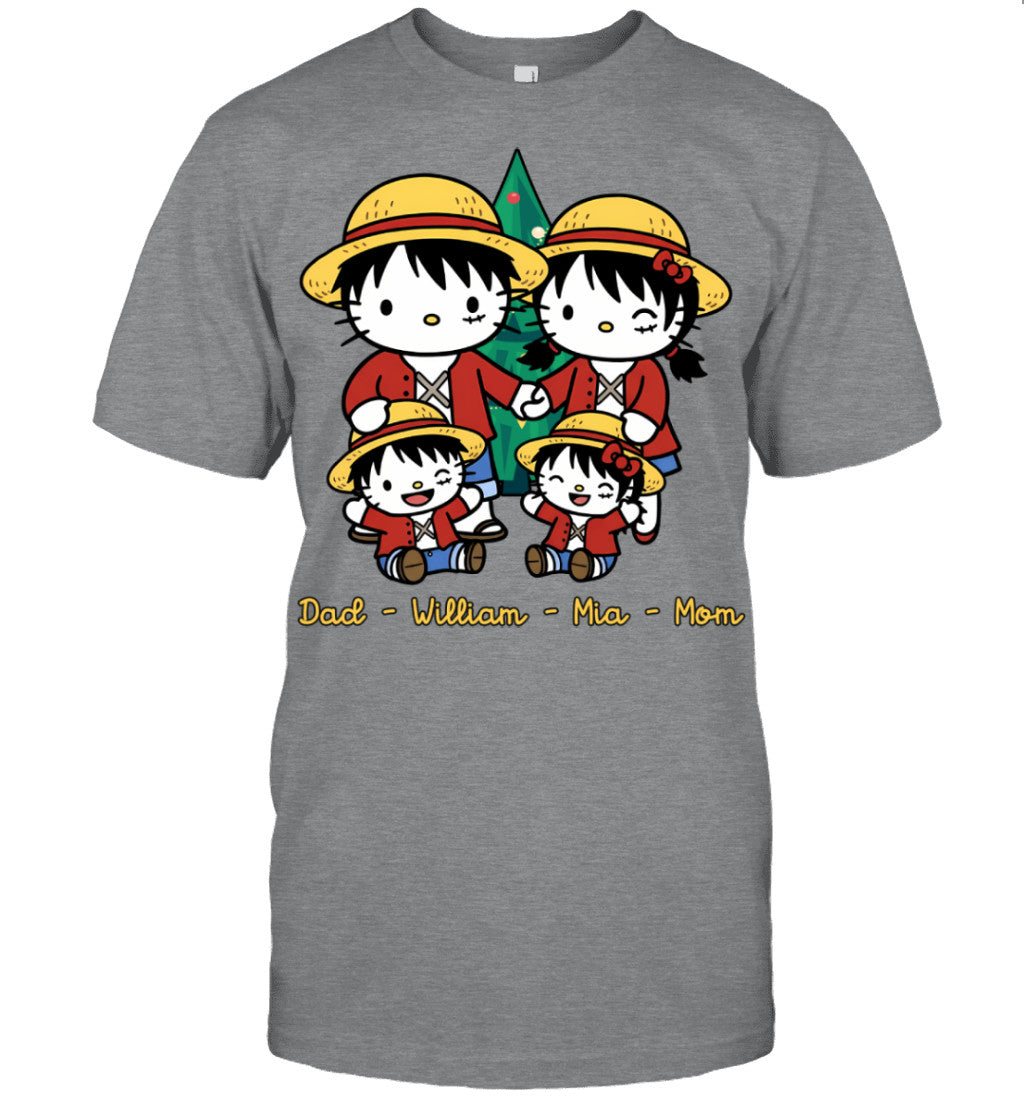 Hello Kitty x Luffy Parents & Kids Custom Name Christmas T-Shirt for Family