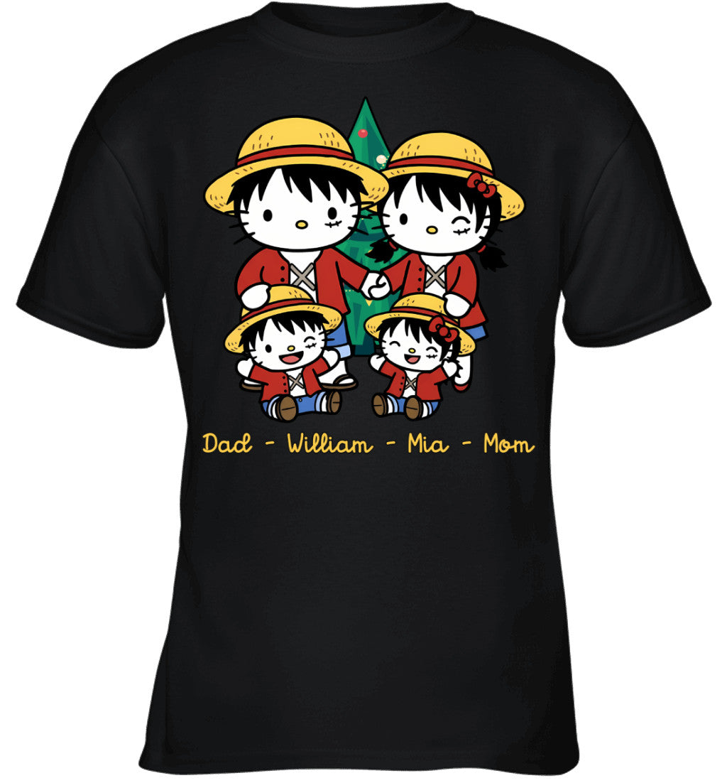 Hello Kitty x Luffy Parents & Kids Custom Name Christmas T-Shirt for Family