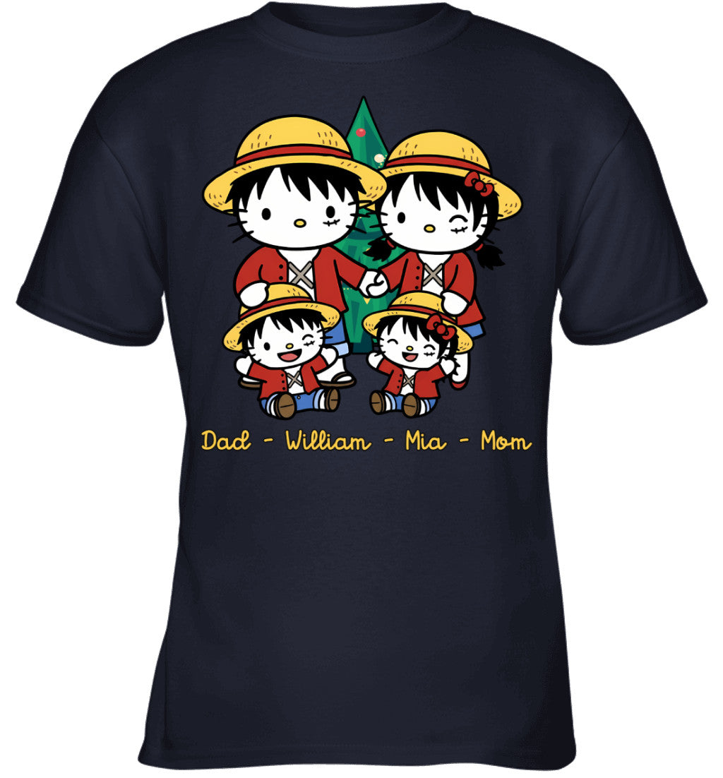 Hello Kitty x Luffy Parents & Kids Custom Name Christmas T-Shirt for Family