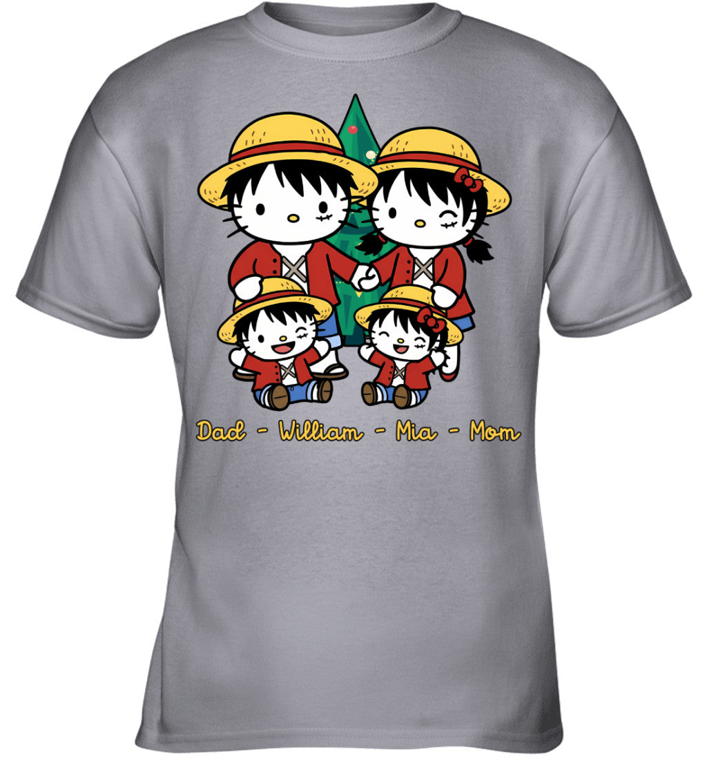 Hello Kitty x Luffy Parents & Kids Custom Name Christmas T-Shirt for Family