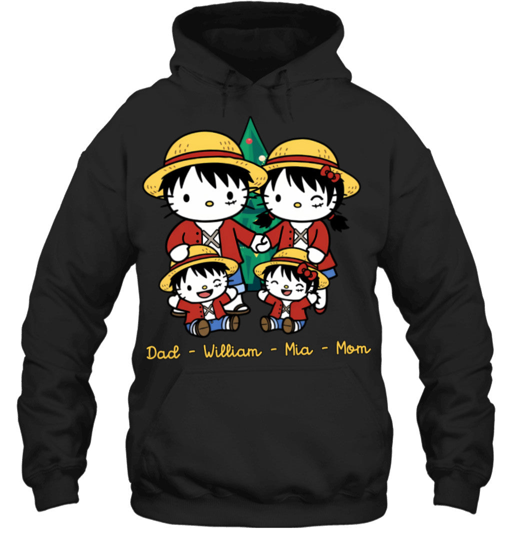 Hello Kitty x Luffy Parents & Kids Custom Name Christmas T-Shirt for Family